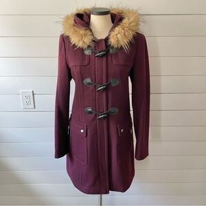 Tommy Hilfiger- Wool Blend Toggle Coat with Faux Fur Trim - Burgundy- Medium